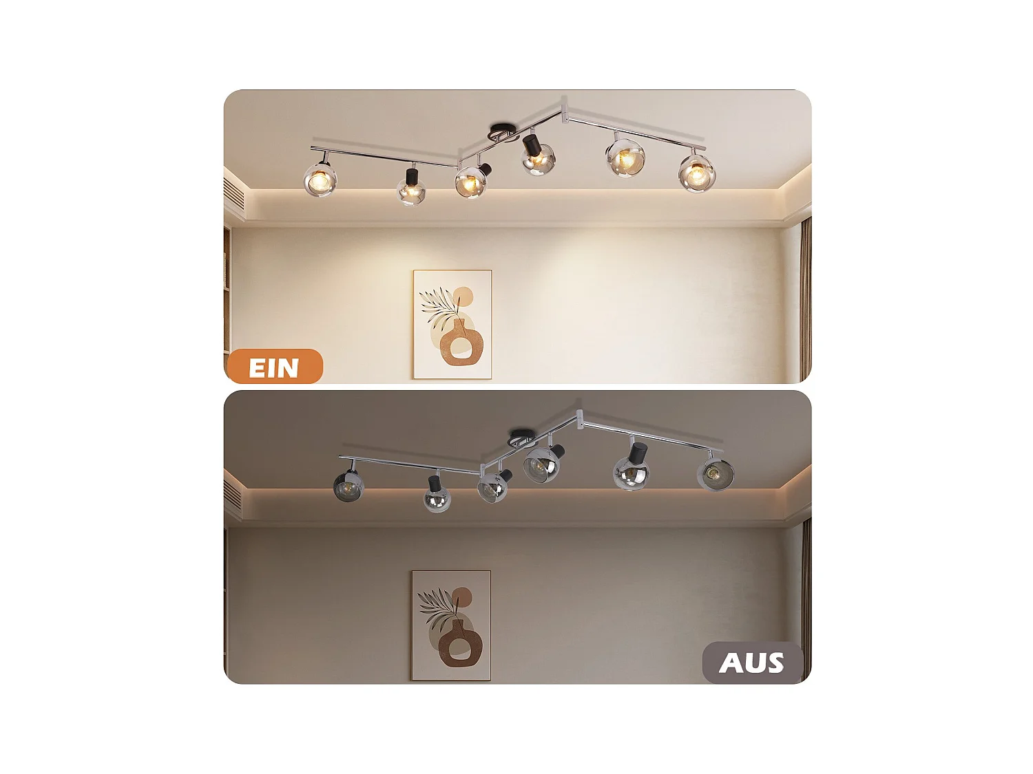 NETTLIFE Plafonnier Spot E14 Moderne Verre Fumé 6 Flammes Plafonnier Pivotant 350° Pivotant