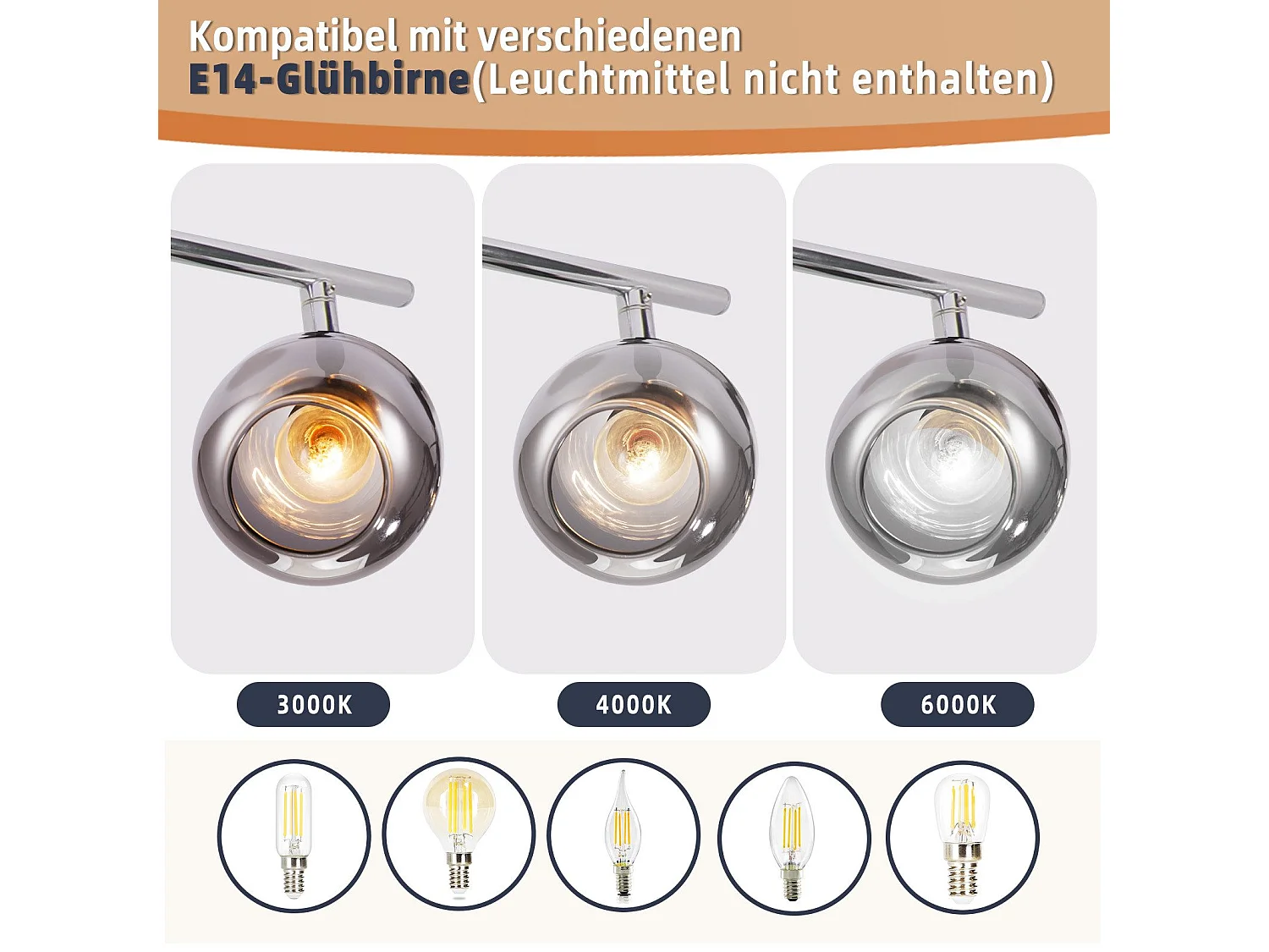 NETTLIFE Plafonnier Spot E14 Moderne Verre Fumé 6 Flammes Plafonnier Pivotant 350° Pivotant