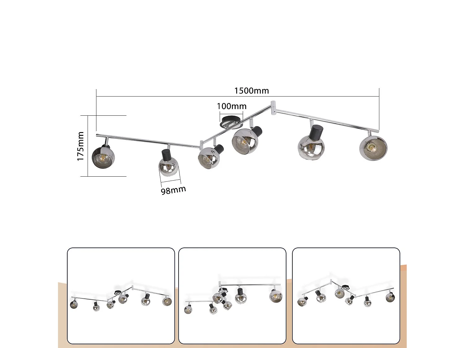 NETTLIFE Plafonnier Spot E14 Moderne Verre Fumé 6 Flammes Plafonnier Pivotant 350° Pivotant