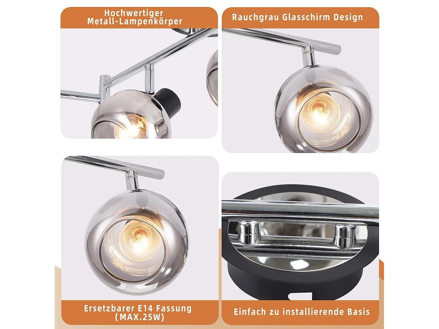 NETTLIFE Plafonnier Spot E14 Moderne Verre Fumé 6 Flammes Plafonnier Pivotant 350° Pivotant