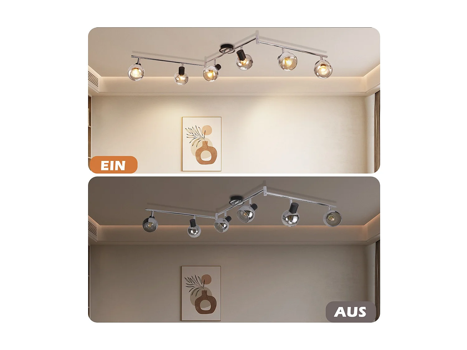 NETTLIFE Plafonnier Spot E14 Moderne Verre Fumé 6 Flammes Plafonnier Pivotant 350° Pivotant