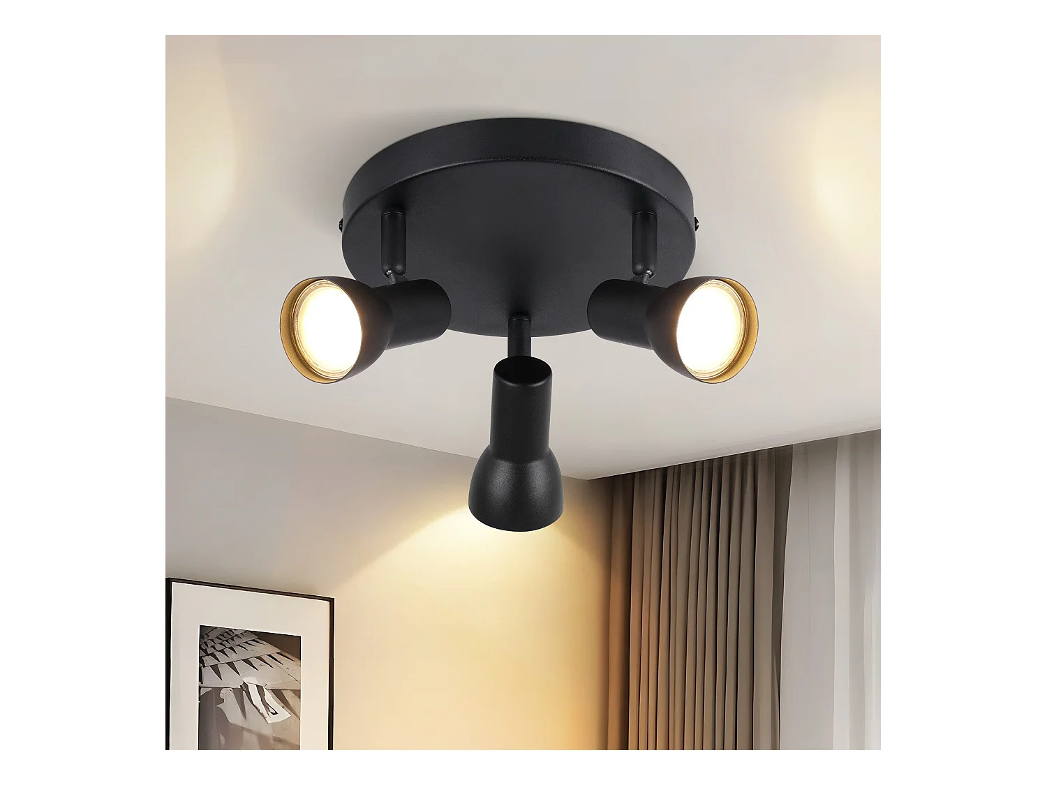 Spot de plafond NETTLIFE 3 flammes, plafonnier noir, design moderne, spots de plafond ronds en métal, culot GU10