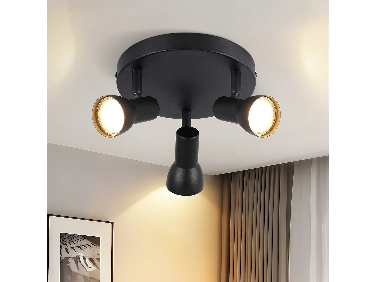 Spot de plafond NETTLIFE 3 flammes, plafonnier noir, design moderne, spots de plafond ronds en métal, culot GU10