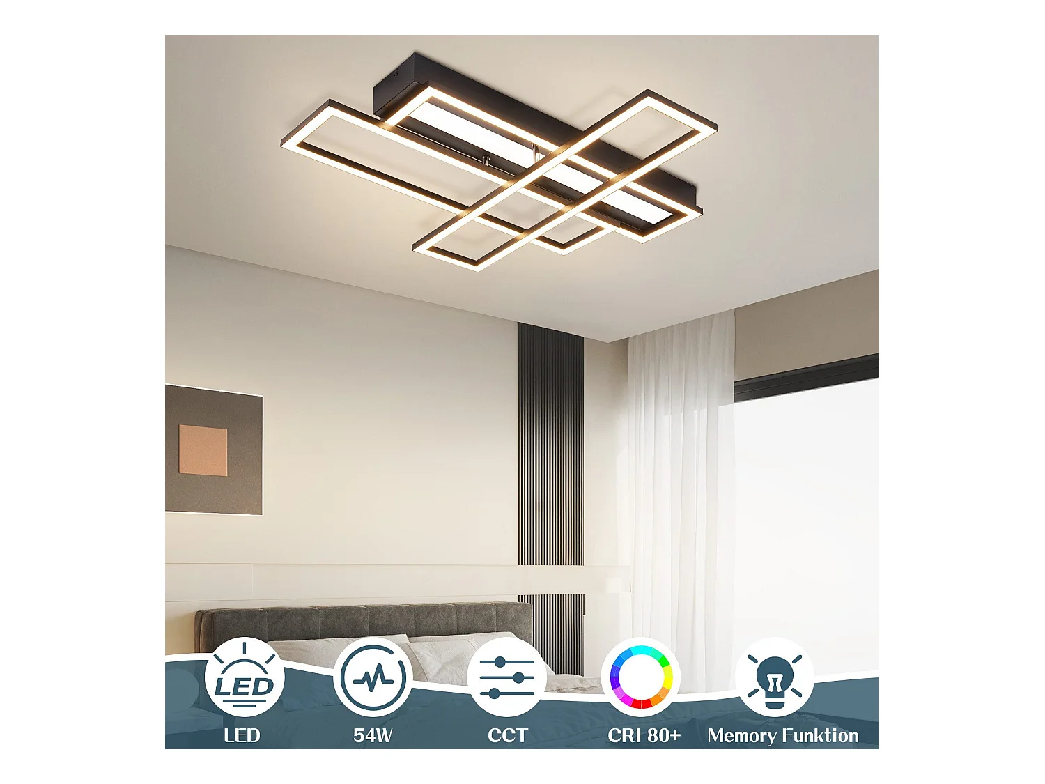 NETTLIFE LED Deckenleuchte für Wohnzimmer, Schwarz, Rechteckig, Dimmbar, Modernes Design