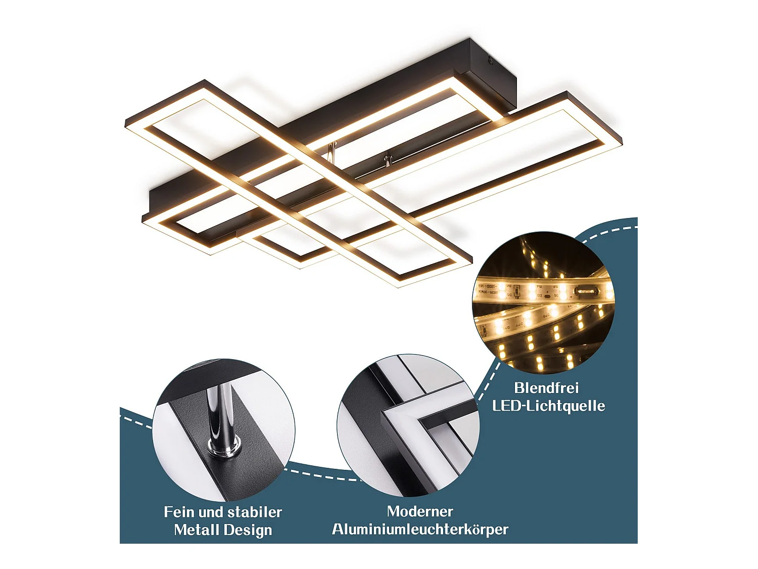 NETTLIFE LED Deckenleuchte für Wohnzimmer, Schwarz, Rechteckig, Dimmbar, Modernes Design