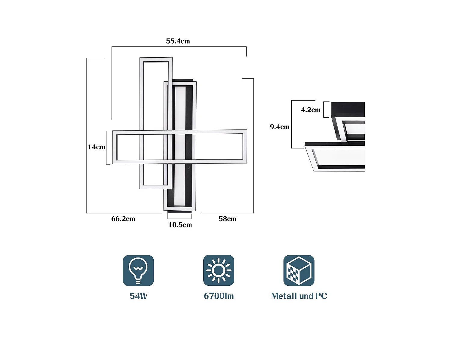 NETTLIFE LED Deckenleuchte für Wohnzimmer, Schwarz, Rechteckig, Dimmbar, Modernes Design