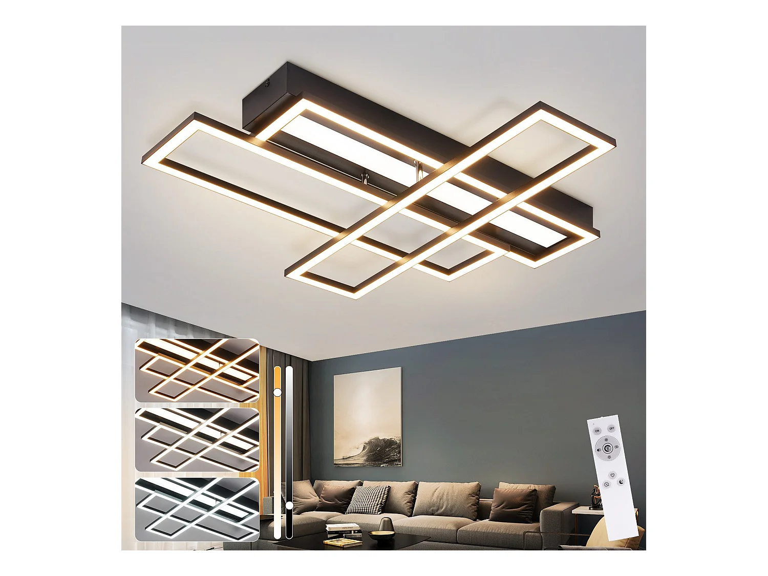 NETTLIFE Lampa sufitowa LED do salonu, czarna, prostokątna, ściemnialna, nowoczesny design