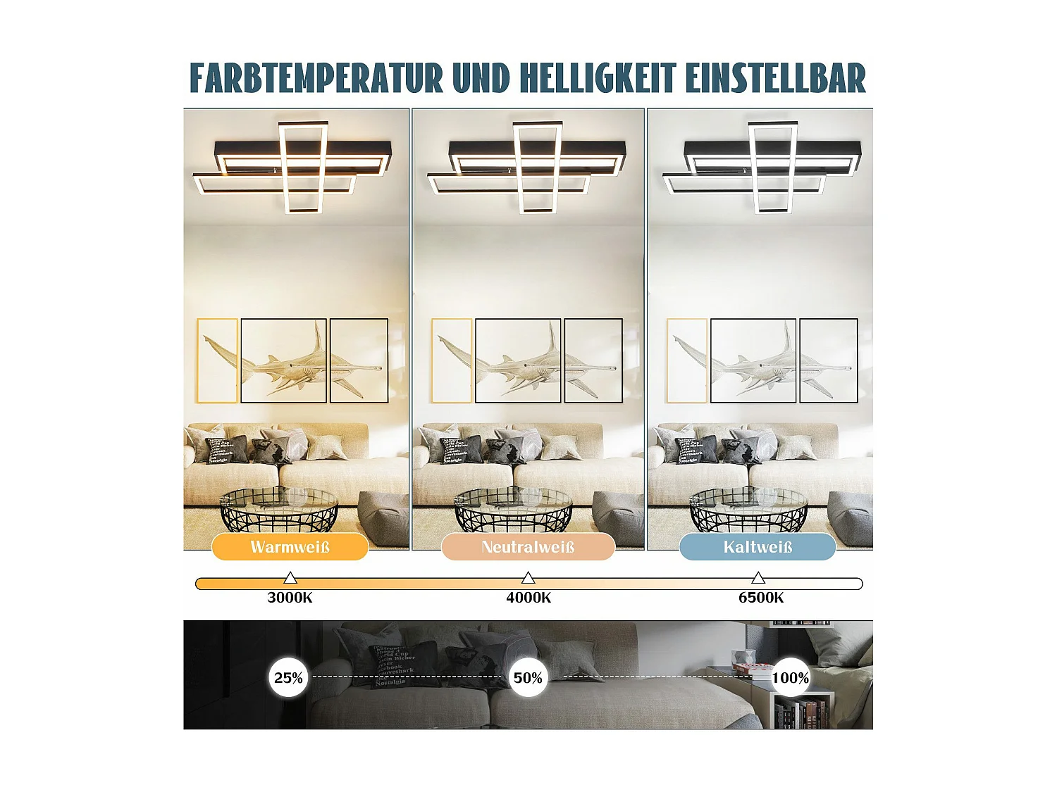 NETTLIFE LED-plafondlamp voor woonkamer, zwart, rechthoekig, dimbaar, modern design