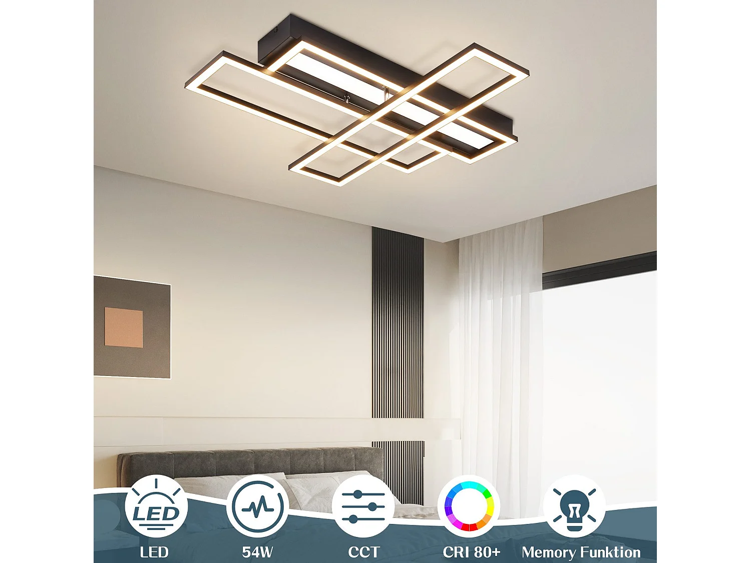 NETTLIFE LED-plafondlamp voor woonkamer, zwart, rechthoekig, dimbaar, modern design