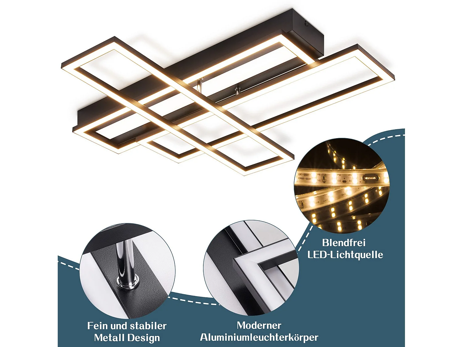 NETTLIFE LED-plafondlamp voor woonkamer, zwart, rechthoekig, dimbaar, modern design