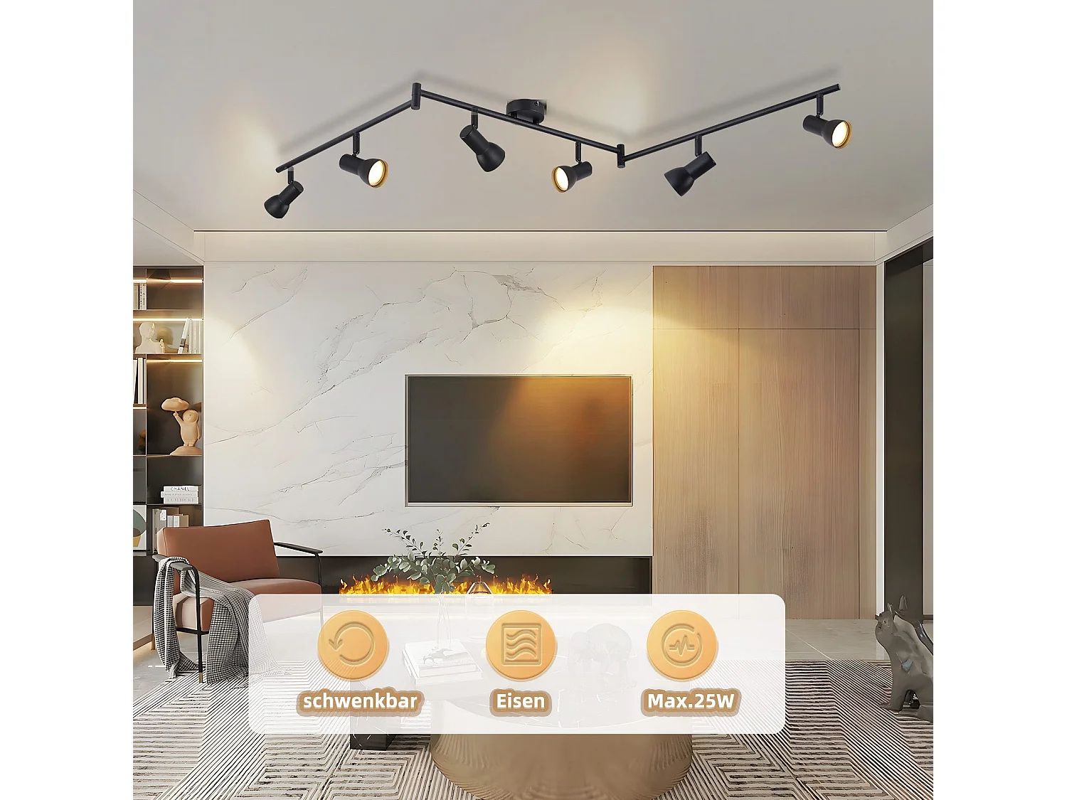 Plafonnier NETTLIFE 6 lampes GU10 noir en métal pour chambre et couloir