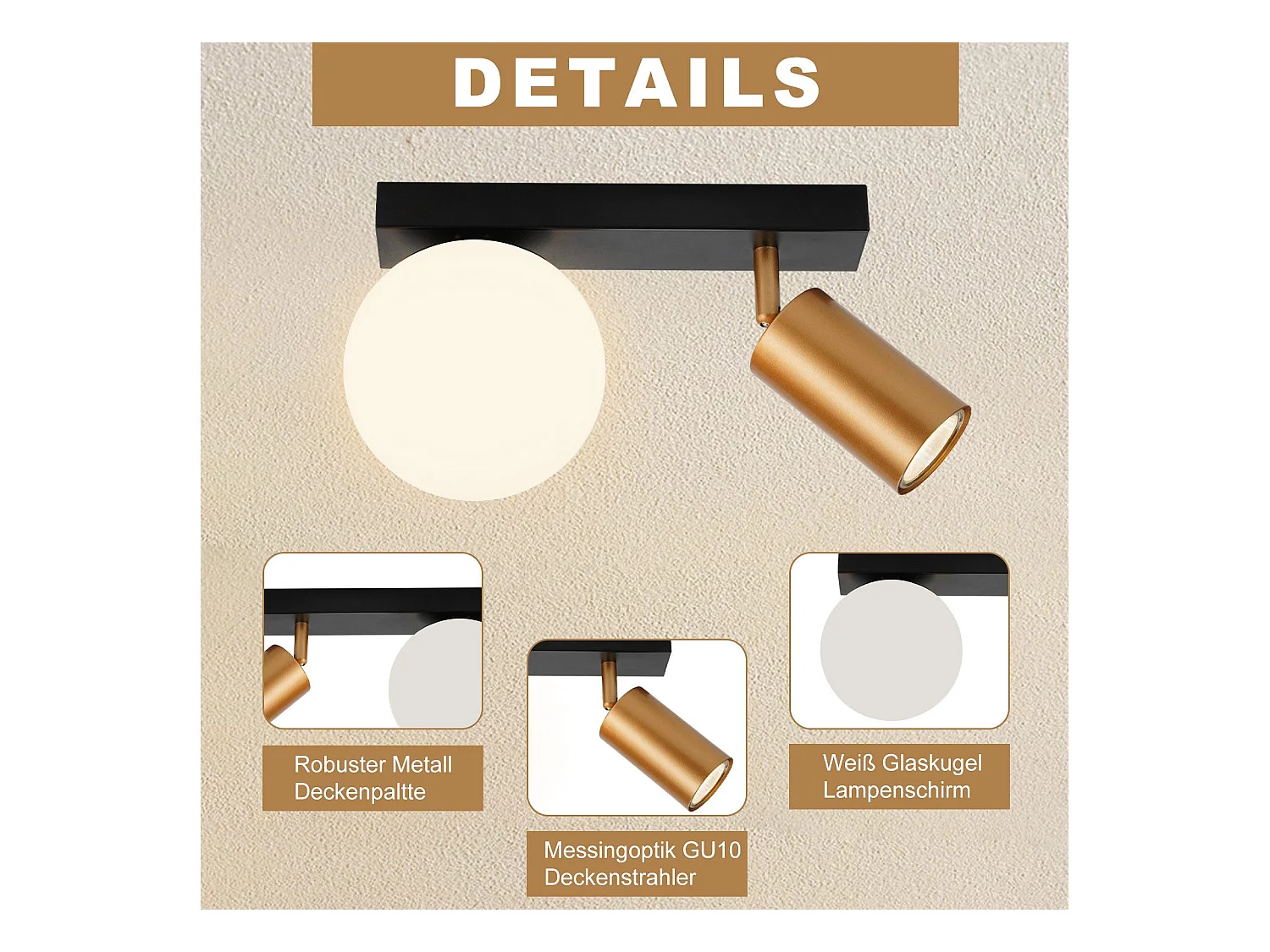 NETTLIFE 2-flammige Vintage Deckenleuchte Metall Deckenlampe mit Gold GU10 E14