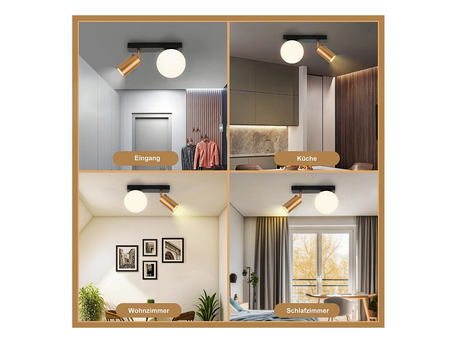 NETTLIFE 2-flammige Vintage Deckenleuchte Metall Deckenlampe mit Gold GU10 E14