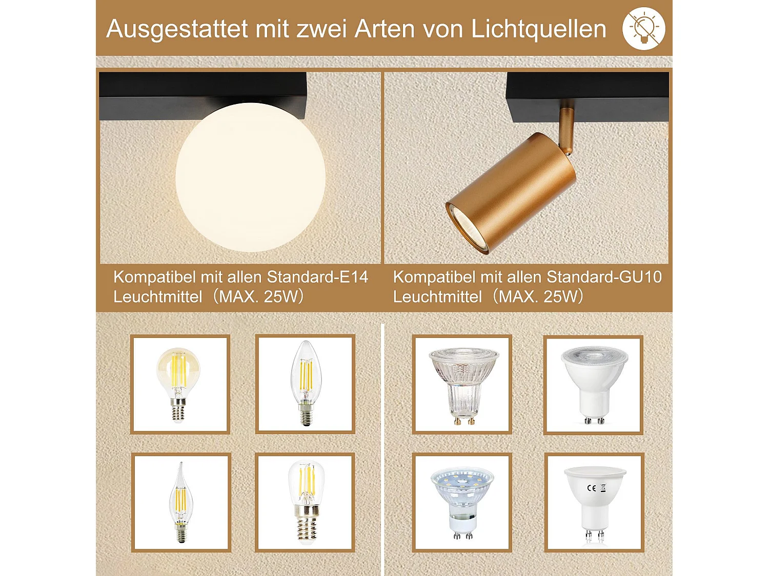 NETTLIFE 2-flammige Vintage Deckenleuchte Metall Deckenlampe mit Gold GU10 E14