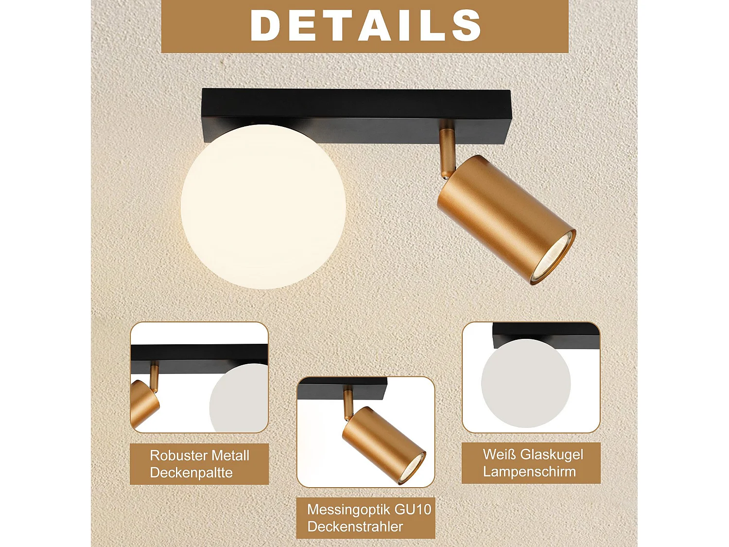 NETTLIFE 2-flammige Vintage Deckenleuchte Metall Deckenlampe mit Gold GU10 E14