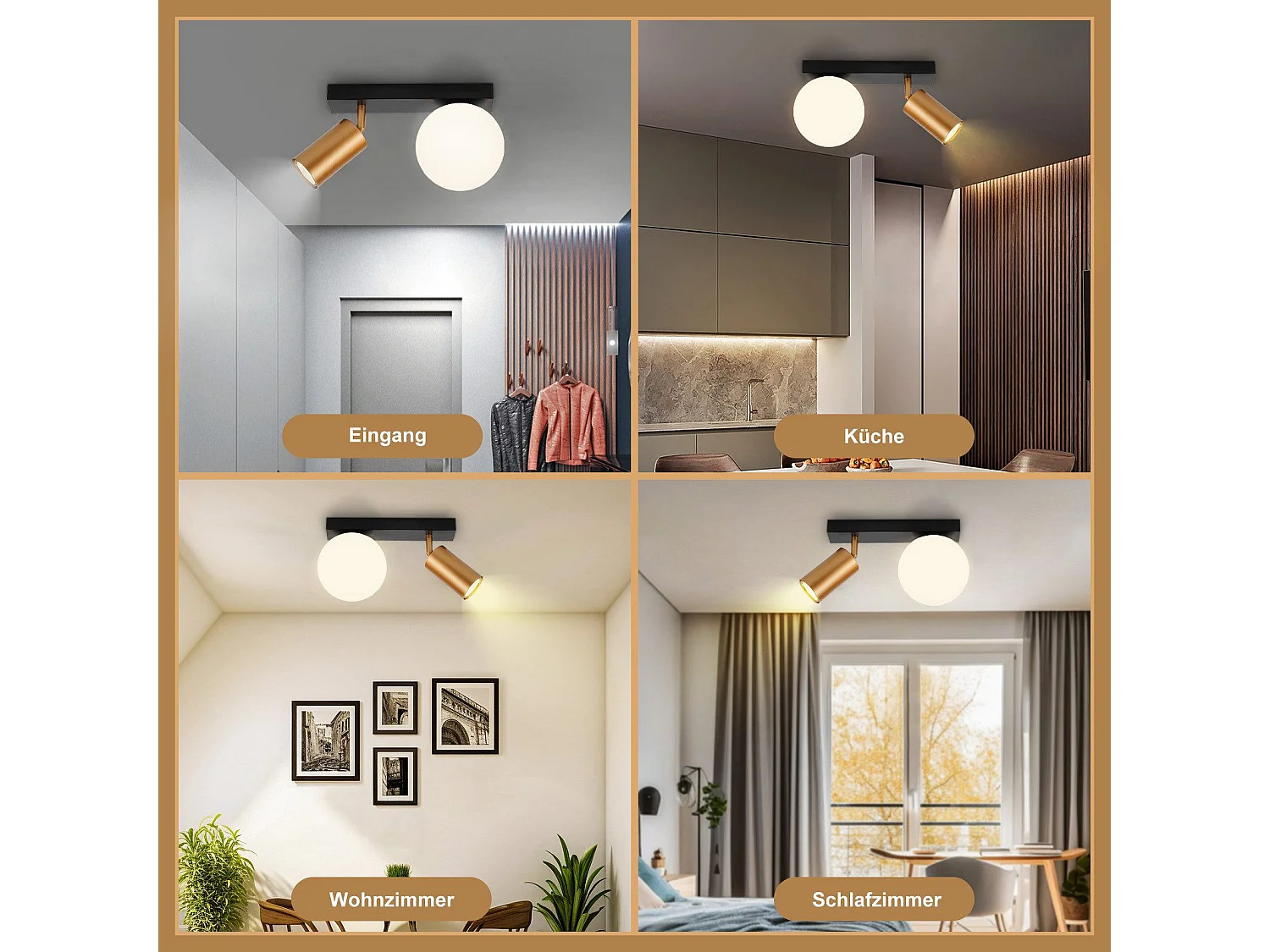 NETTLIFE 2-flammige Vintage Deckenleuchte Metall Deckenlampe mit Gold GU10 E14