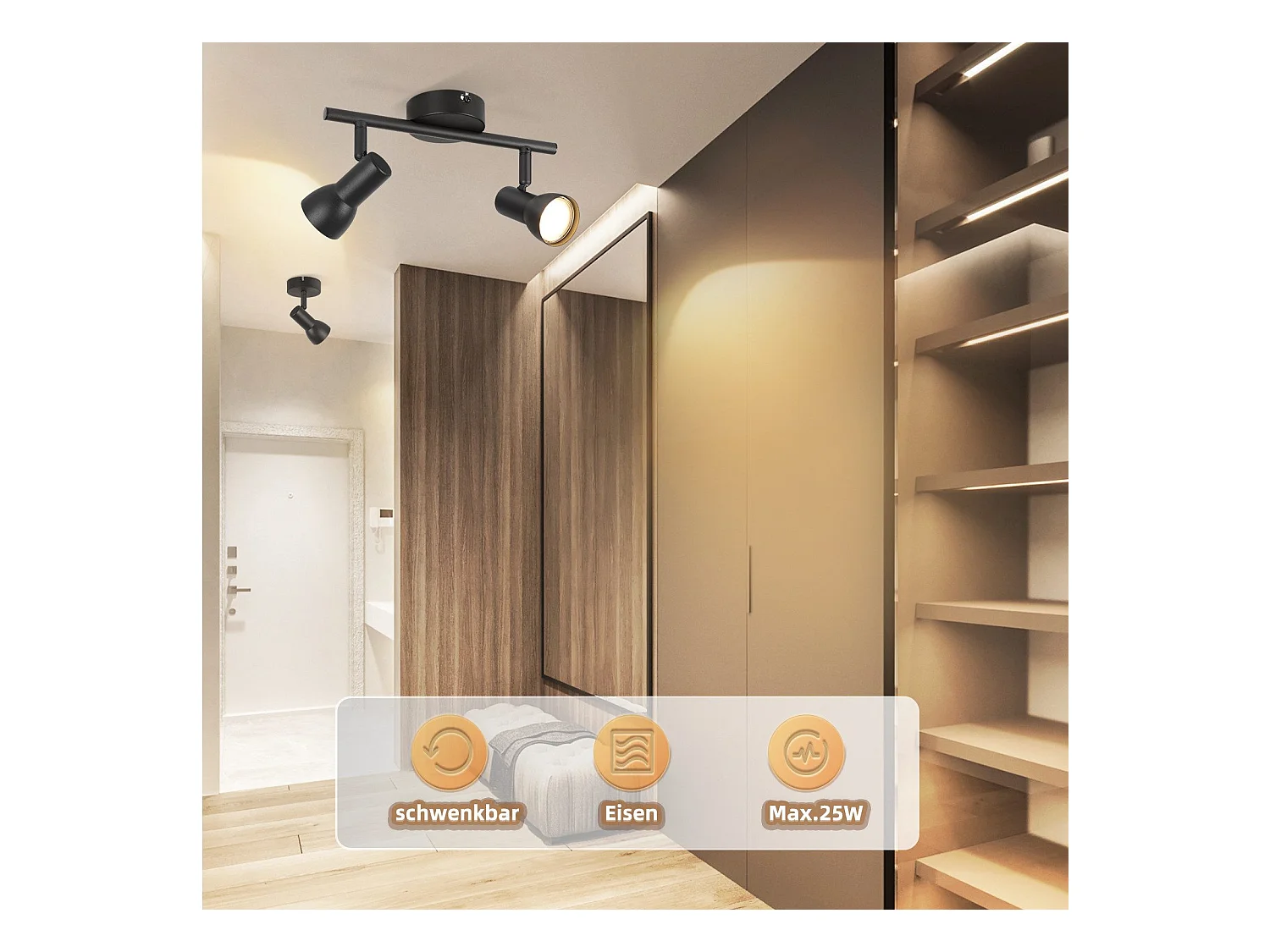 NETTLIFE 2-flammiger Deckenstrahler, schwarz, modern, GU10, Metall, 350° schwenkbar