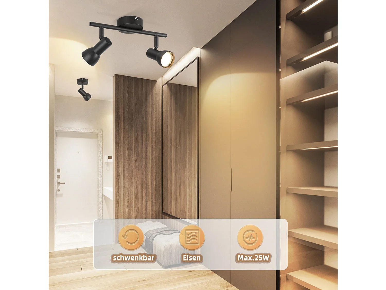 Spot de plafond NETTLIFE 2 flammes, noir, moderne, GU10, métal, pivotant à 350°