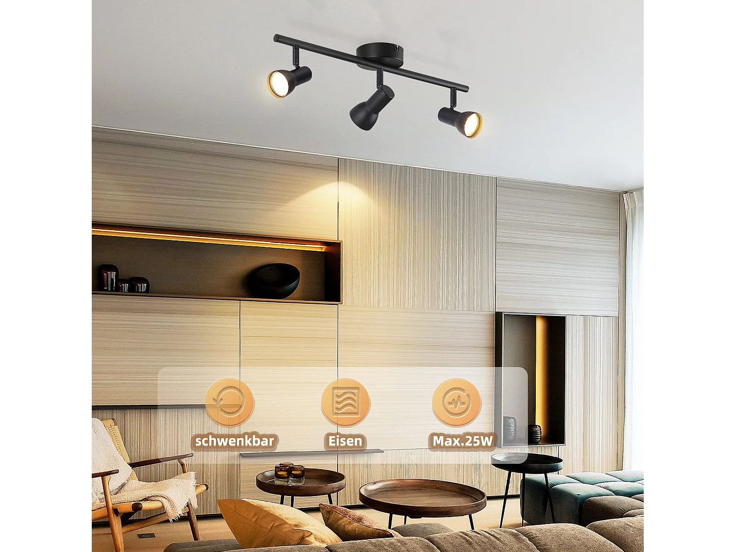 NETTLIFE 3-flammige Deckenleuchte, modernes Design, schwarz, Metall, GU10-Sockel