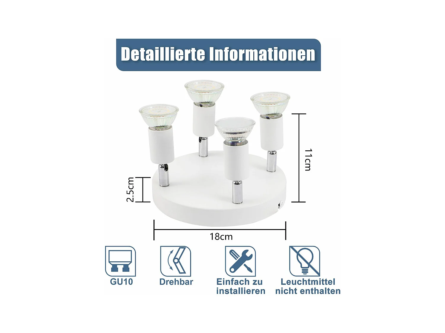 Spot de plafond LED NETTLIFE Blanc - Plafonnier orientable 4 flammes GU10 en métal moderne