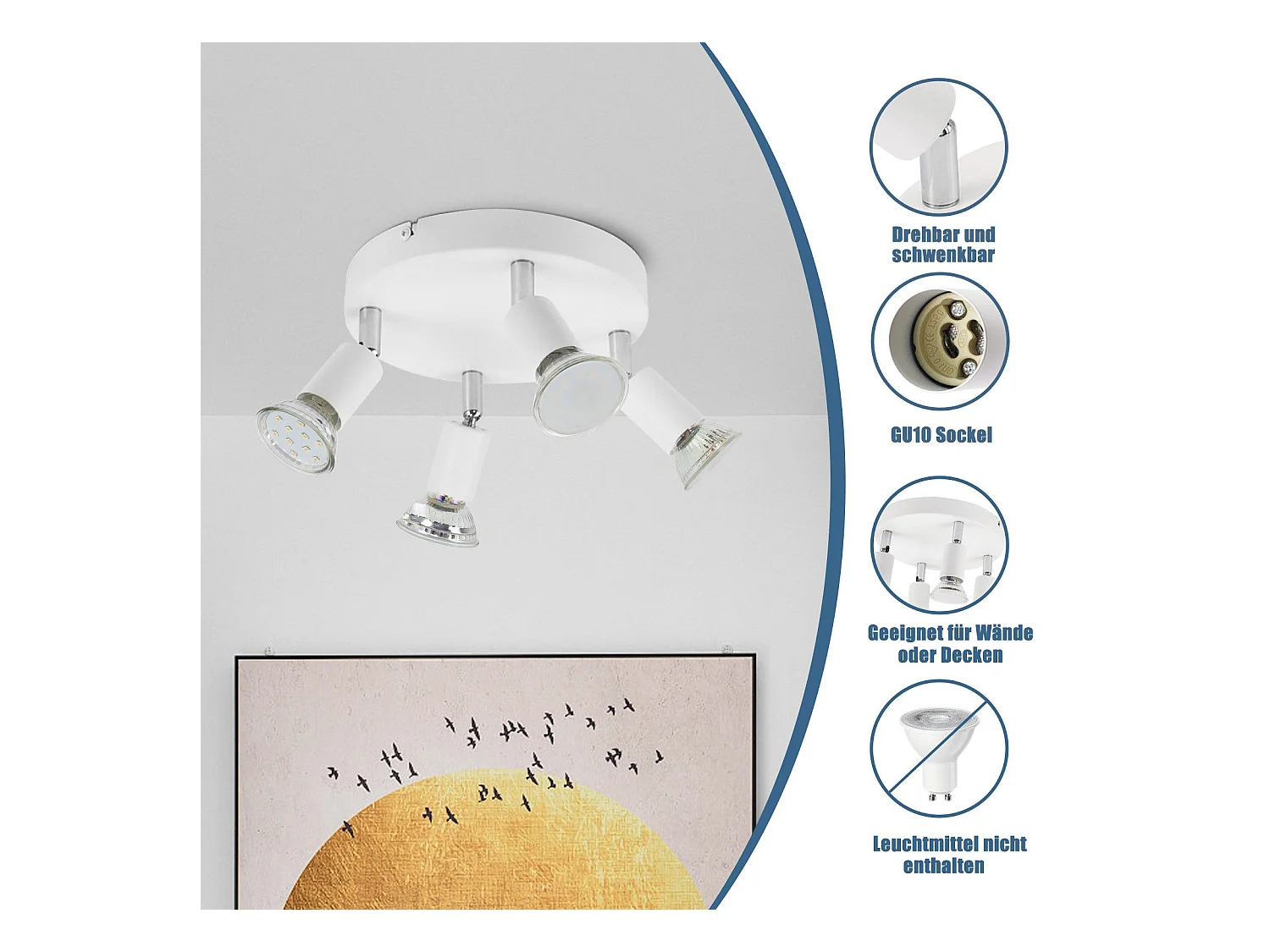 Spot de plafond LED NETTLIFE Blanc - Plafonnier orientable 4 flammes GU10 en métal moderne