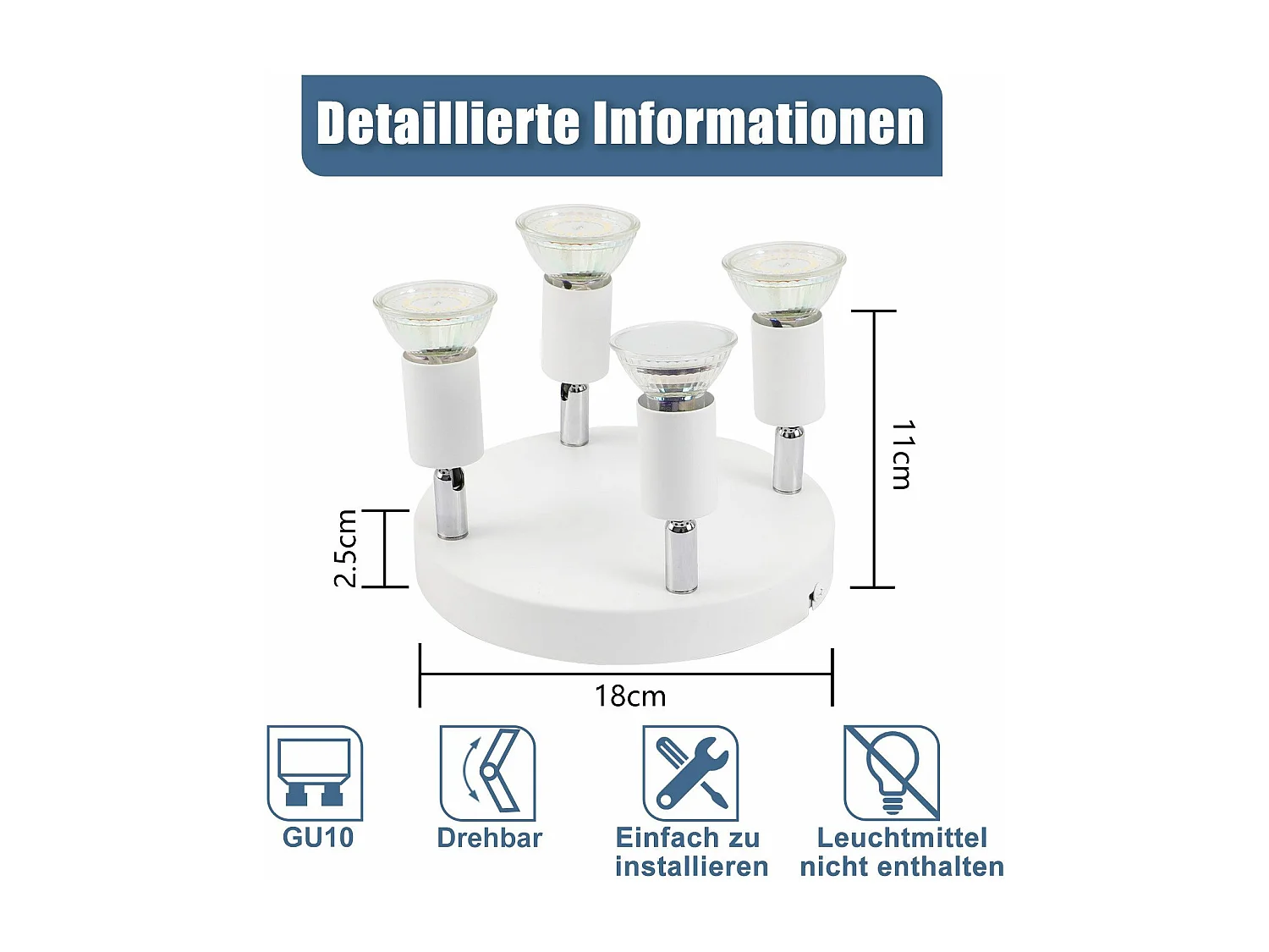 NETTLIFE Weißer LED-Deckenstrahler - Moderne 4-flammige GU10-Deckenleuchte aus Metall, verstellbar
