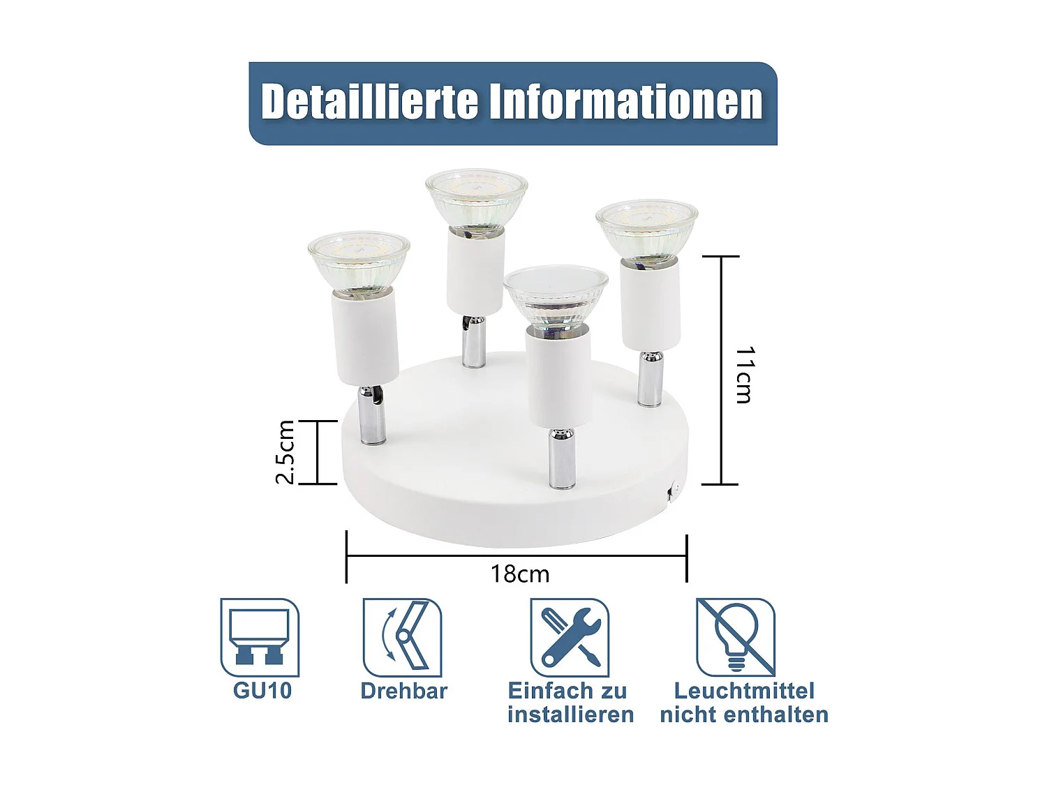 Spot de plafond LED NETTLIFE Blanc - Plafonnier orientable 4 flammes GU10 en métal moderne