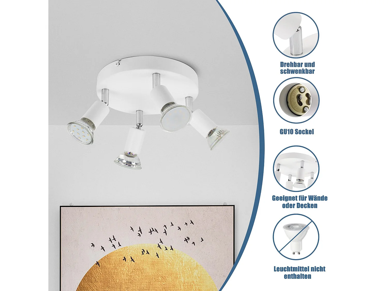 Spot de plafond LED NETTLIFE Blanc - Plafonnier orientable 4 flammes GU10 en métal moderne