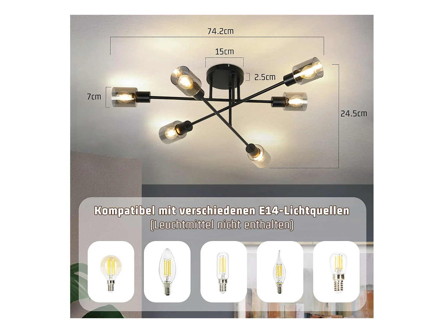 NETTLIFE Plafondlamp Spot 6 Vlammen Zwart Industrieel E14 Plafondlamp voor Woonkamer