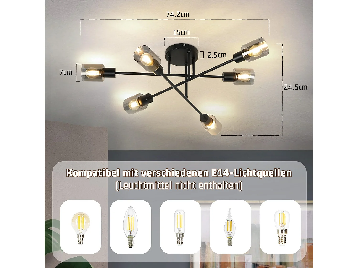 NETTLIFE Deckenleuchte Spot 6 flammig schwarz Industrial E14 Deckenlampe für Wohnzimmer