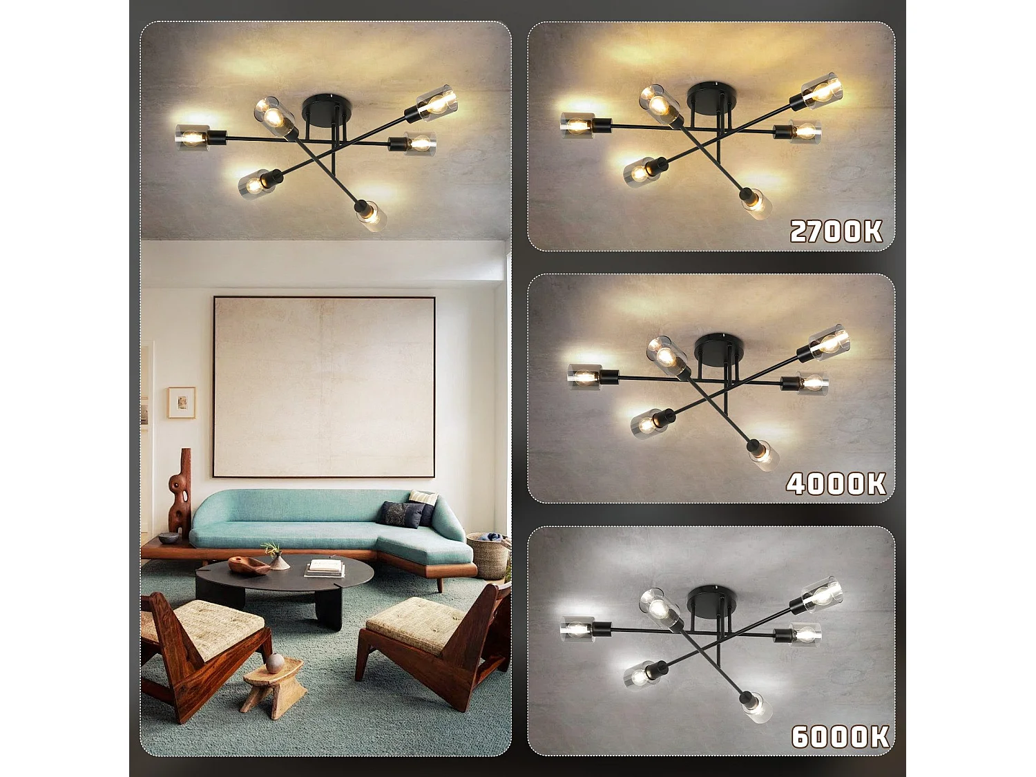 NETTLIFE Deckenleuchte Spot 6 flammig schwarz Industrial E14 Deckenlampe für Wohnzimmer