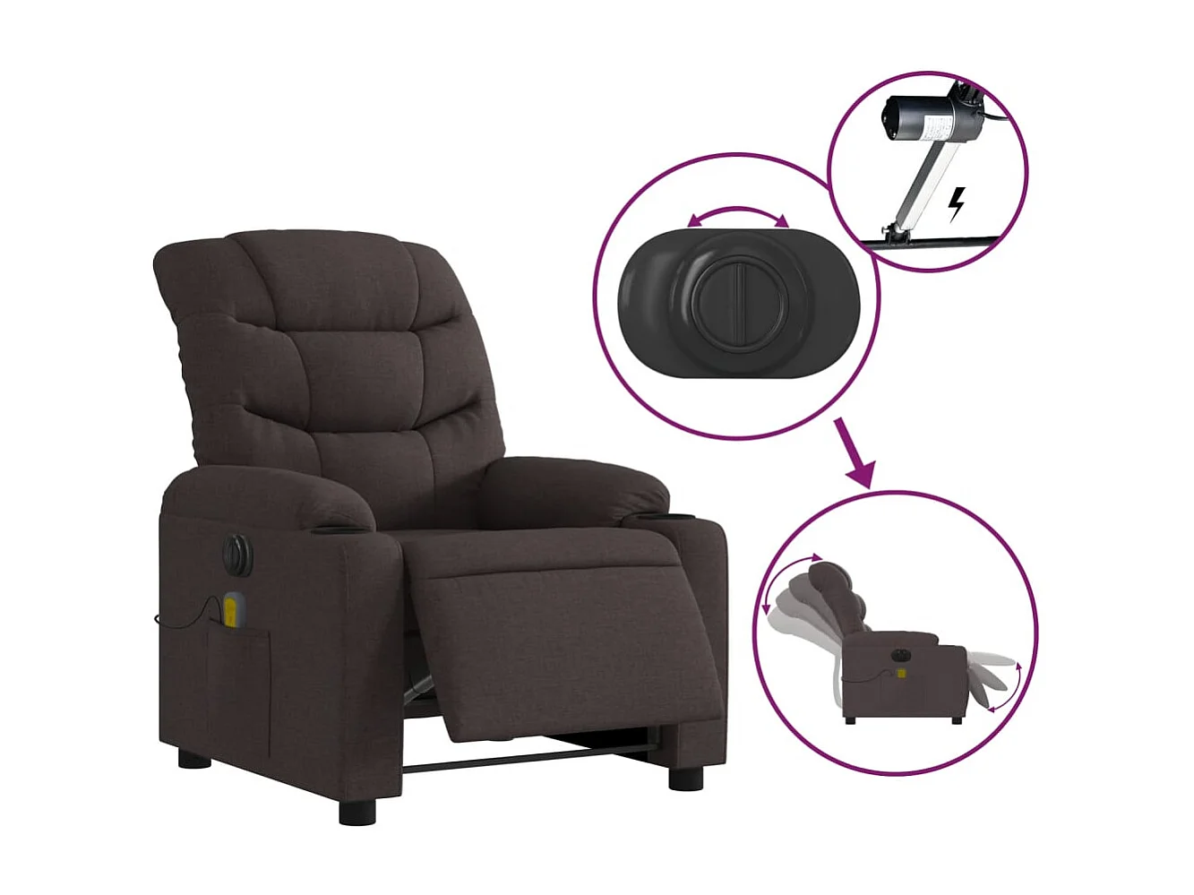 Fauteuil de massage inclinable électrique Marron foncé Tissu