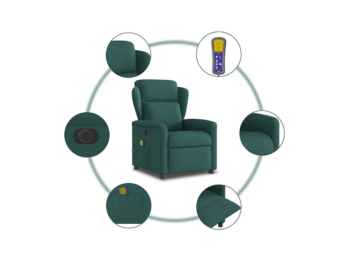 Sillón de masaje eléctrico reclinable de tela verde oscuro