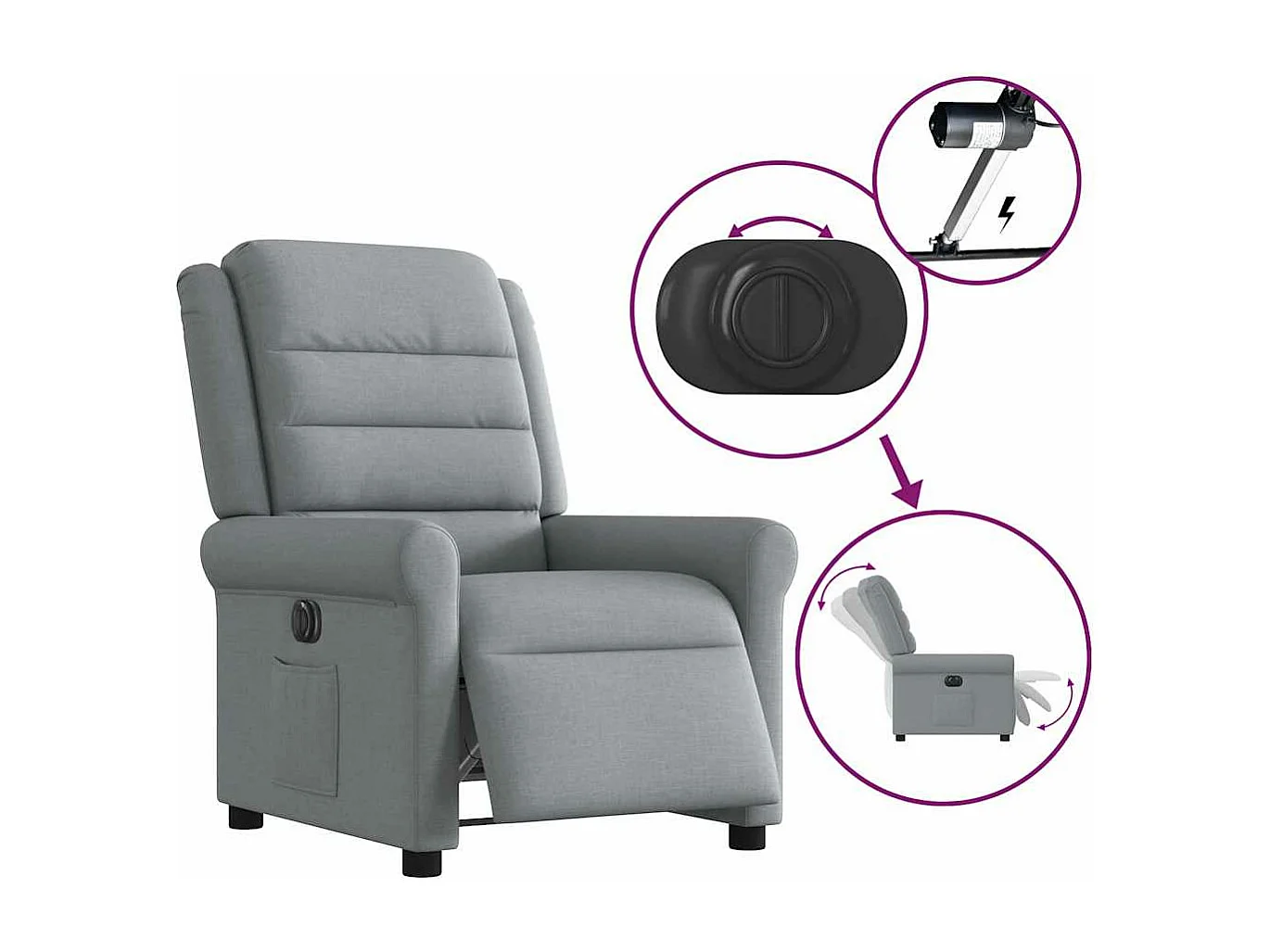 Sillón reclinable eléctrico de tela gris claro
