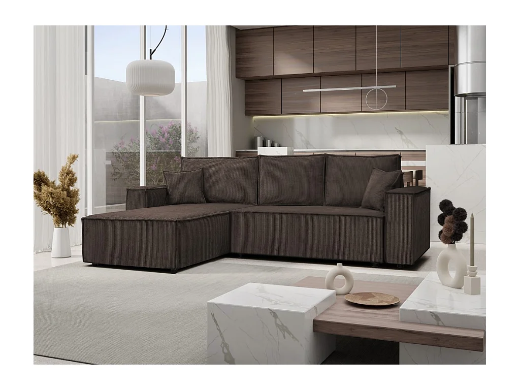 Ecksofa Passio L-Form mit Schlaffunktion Bettkasten Sofa Couch 275 cm universelle Ottomane, braun