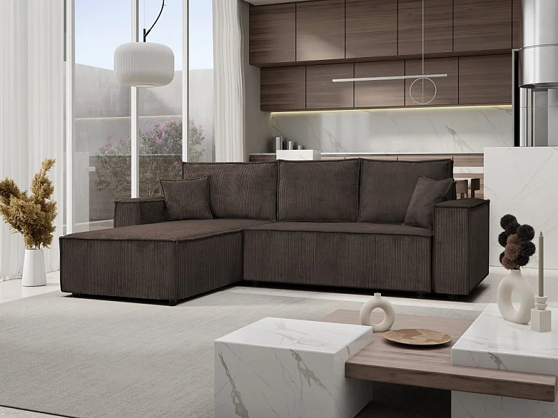 Ecksofa Passio L-Form mit Schlaffunktion Bettkasten Sofa Couch 275 cm universelle Ottomane, braun