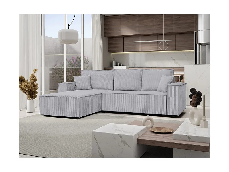 Ecksofa Passio L-Form mit Schlaffunktion Bettkasten Sofa Couch 275 cm universelle Ottomane, grau