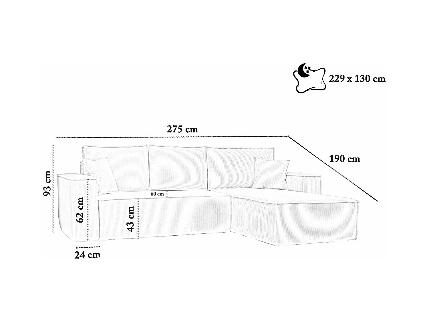 Ecksofa Passio L-Form mit Schlaffunktion Bettkasten Sofa Couch 275 cm universelle Ottomane, grau