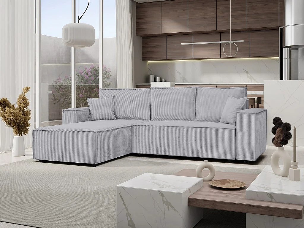 Ecksofa Passio L-Form mit Schlaffunktion Bettkasten Sofa Couch 275 cm universelle Ottomane, grau