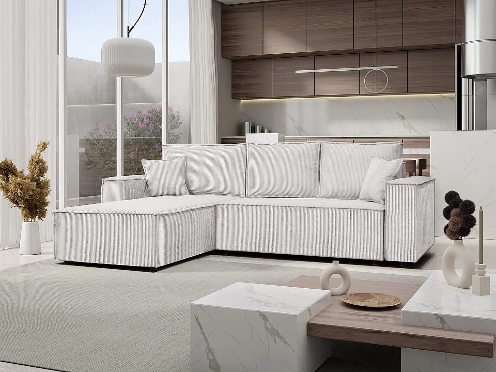 Ecksofa Passio L-Form mit Schlaffunktion Bettkasten Sofa Couch 275 cm universelle Ottomane, beige