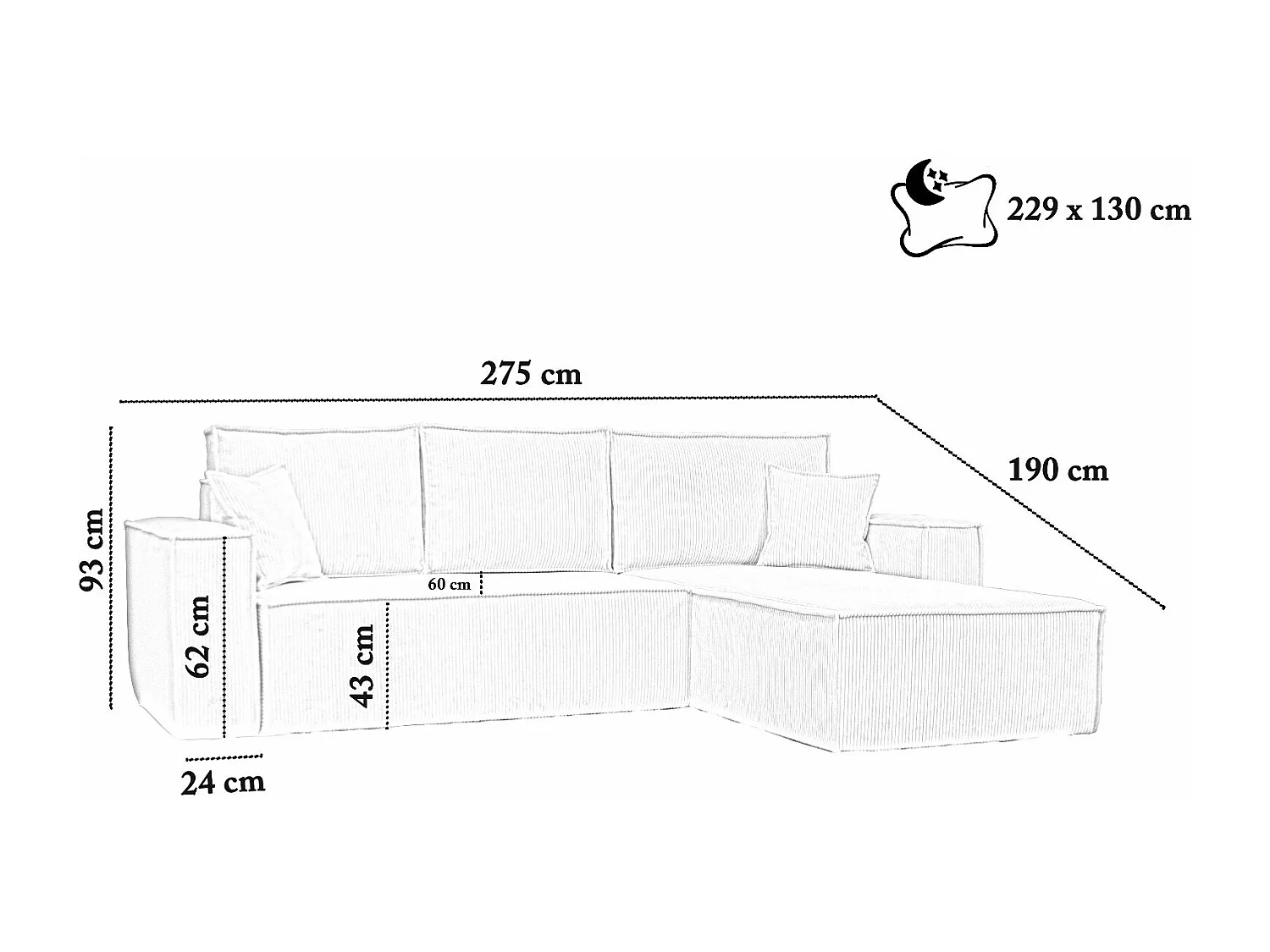 Ecksofa Passio L-Form mit Schlaffunktion Bettkasten Sofa Couch 275 cm universelle Ottomane, beige