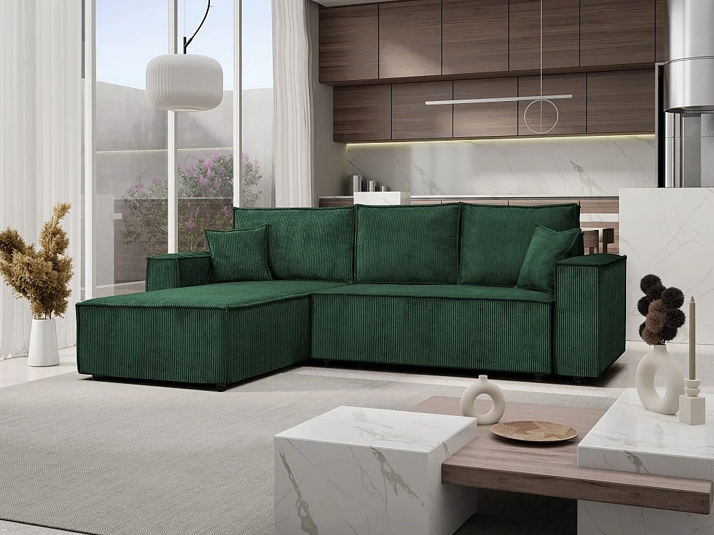 Ecksofa Passio L-Form mit Schlaffunktion Bettkasten Sofa Couch 275 cm universelle Ottomane, grün