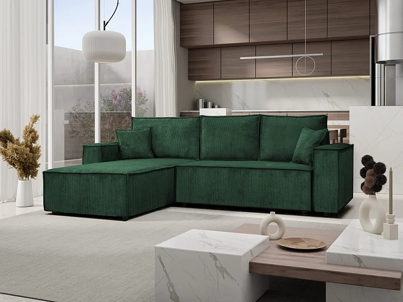 Ecksofa Passio L-Form mit Schlaffunktion Bettkasten Sofa Couch 275 cm universelle Ottomane, grün