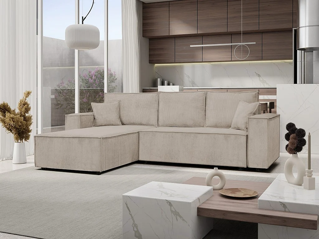 Ecksofa Passio L-Form mit Schlaffunktion Bettkasten Sofa Couch 275 cm universelle Ottomane, hellbraun, cappucino