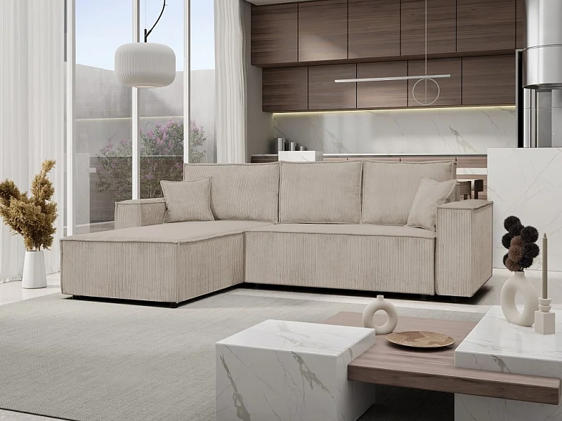 Ecksofa Passio L-Form mit Schlaffunktion Bettkasten Sofa Couch 275 cm universelle Ottomane, hellbraun, cappucino