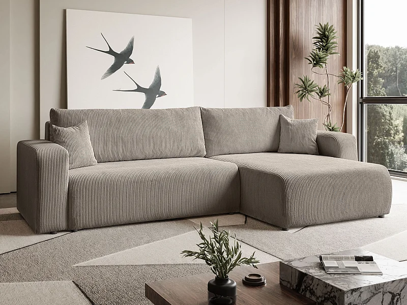 Ecksofa L Form Sofia 277 x 143 cm mit Schlaffunktion und Bettkasten Couch Cord Schlafsofa Schlafcouch Sofa universale Seite, beige, cappucino