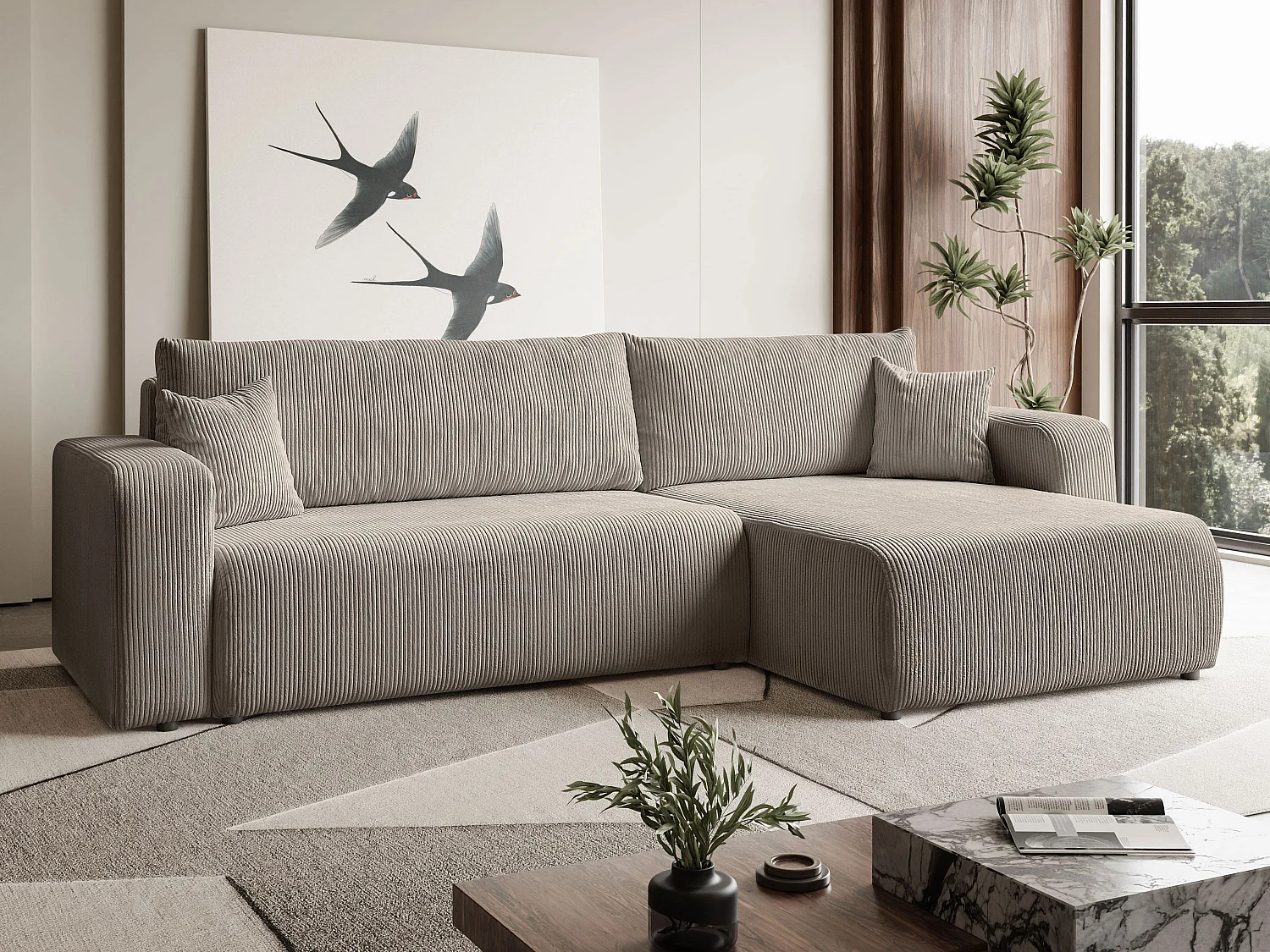 Ecksofa L Form Sofia 277 x 143 cm mit Schlaffunktion und Bettkasten Couch Cord Schlafsofa Schlafcouch Sofa universale Seite, beige, cappucino