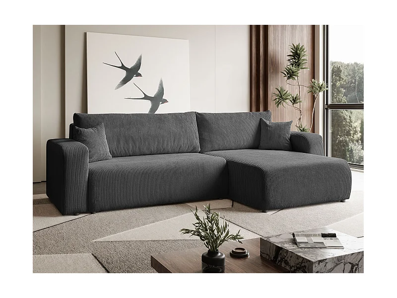 Ecksofa L Form Sofia 277 x 143 cm mit Schlaffunktion und Bettkasten Couch Cord Schlafsofa Schlafcouch Sofa universale Seite, dunkelgrau