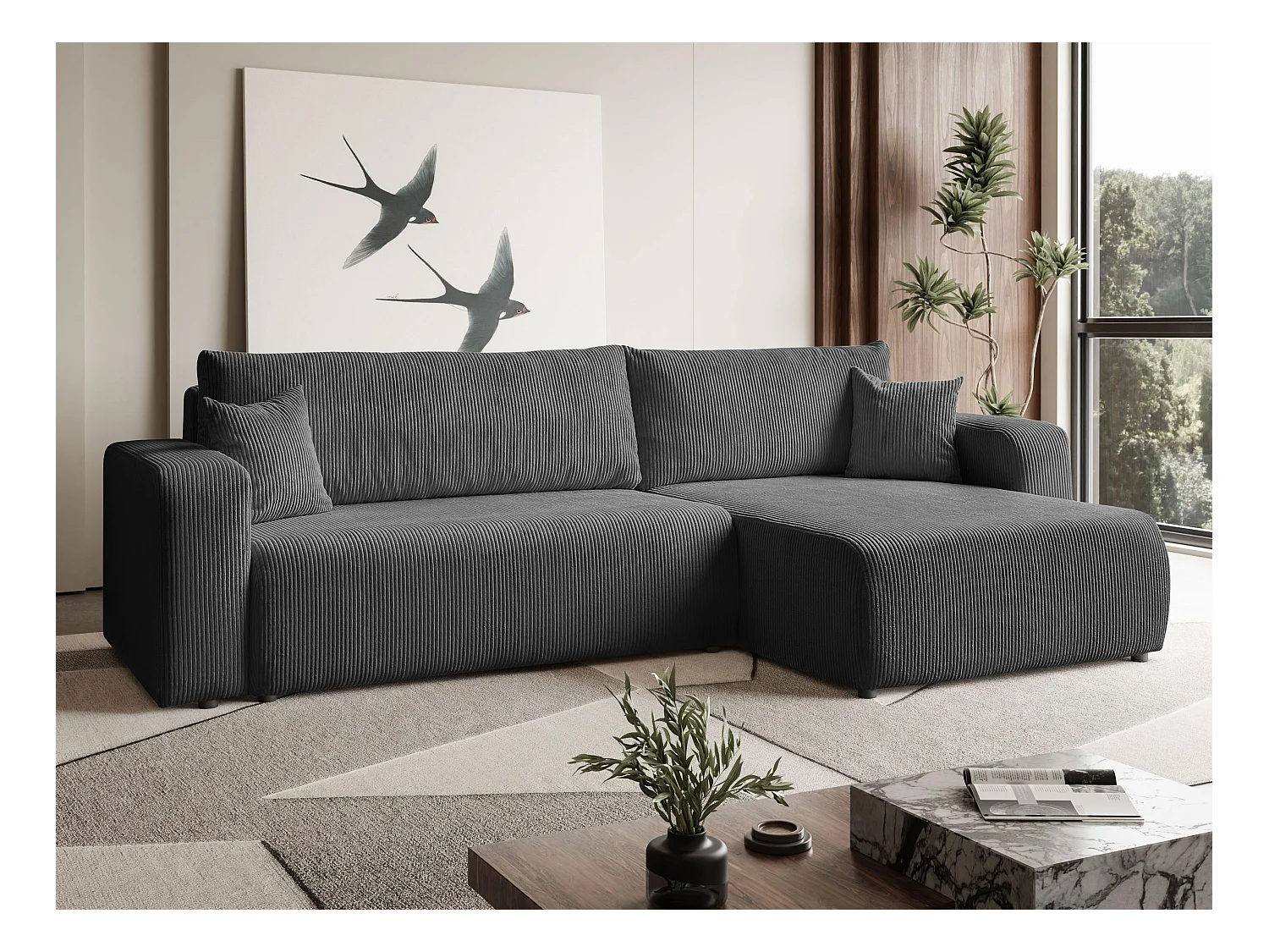 Ecksofa L Form Sofia 277 x 143 cm mit Schlaffunktion und Bettkasten Couch Cord Schlafsofa Schlafcouch Sofa universale Seite, dunkelgrau