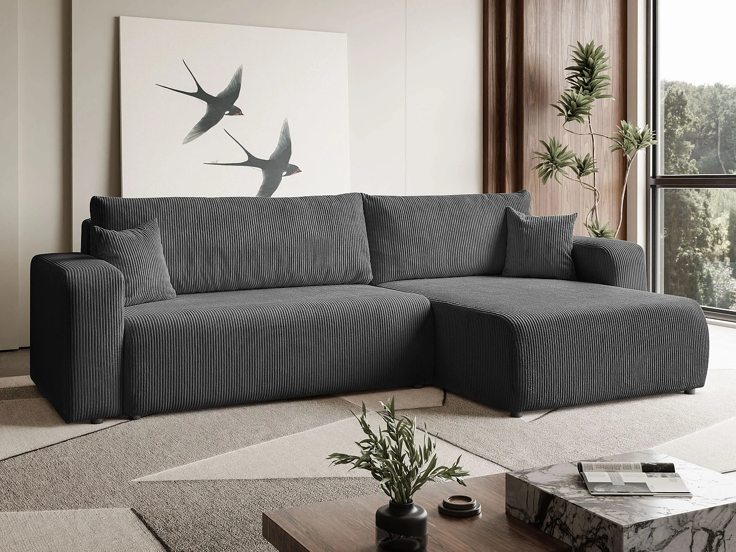 Ecksofa L Form Sofia 277 x 143 cm mit Schlaffunktion und Bettkasten Couch Cord Schlafsofa Schlafcouch Sofa universale Seite, dunkelgrau